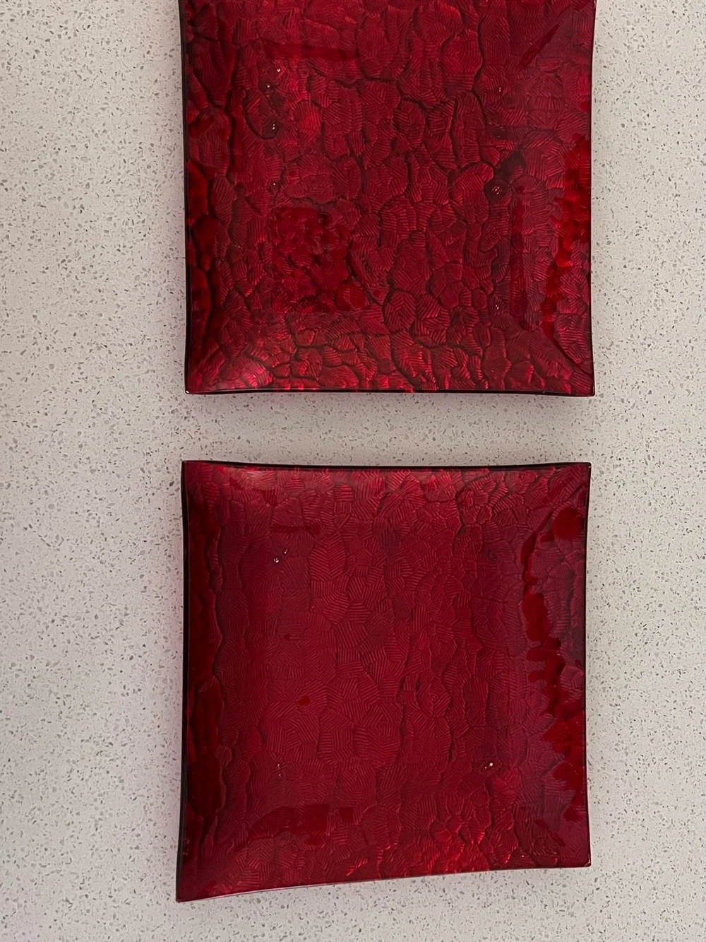 Set of (2) Ruby Red Textured Glass Decorative Plates - Coffee Table Accent Decor